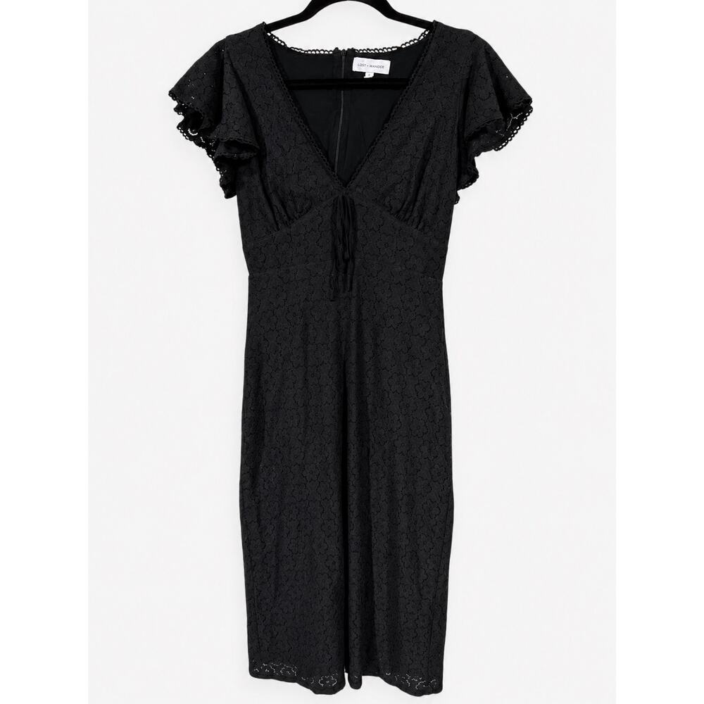 Lost + Wander Black Eyelet Lace Midi Dress Womens Small Coquette Flutter V Neck